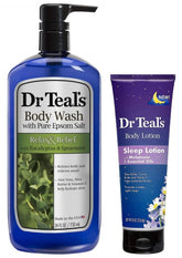 Dr Teal's Body Wash and Lotion Combo Pack, Eucalyptus & Spearmint Foaming Body Wash (24 fl oz) and Night Time Therapy Melatonin Body Lotion (8 oz). Treat your skin, your senses, and your stress.