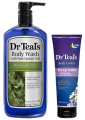 Dr Teal's Body Wash and Lotion Combo Pack, Eucalyptus & Spearmint Foaming Body Wash (24 fl oz) and Night Time Therapy Melatonin Body Lotion (8 oz). Treat your skin, your senses, and your stress.
