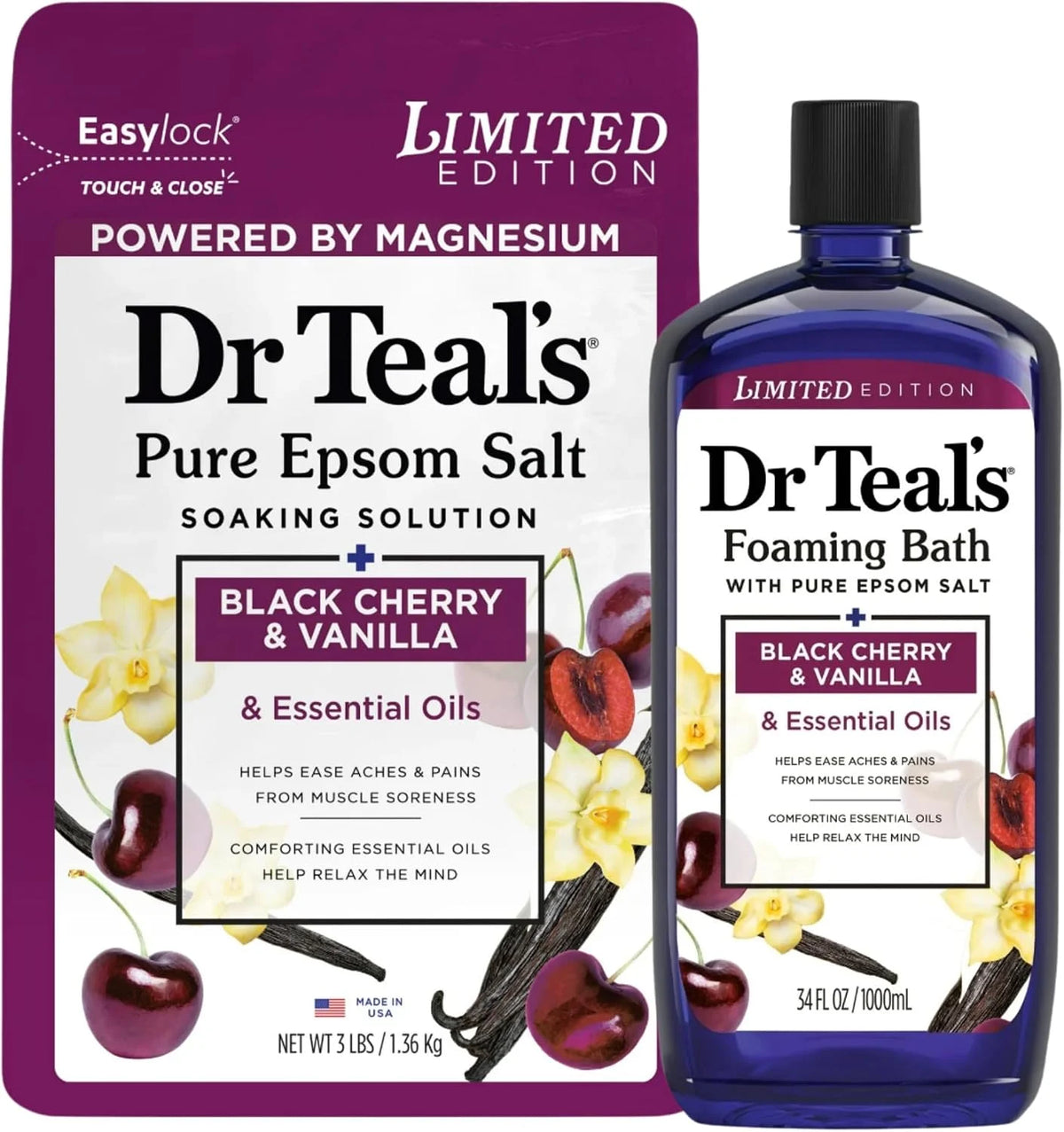Dr Teal's Limited Edition Black Cherry & Vanilla Bath Set, Pure Epsom Salt and Foaming Bath, 34 FL OZ