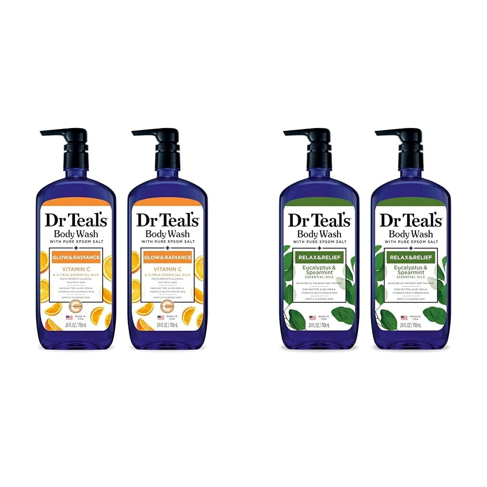 Dr Teal's Body Wash Bundle with Pure Epsom Salt, Glow & Radiance with Vitamin C & Citrus (Pack of 2) and Relax & Relief with Eucalyptus & Spearmint (Pack of 2)