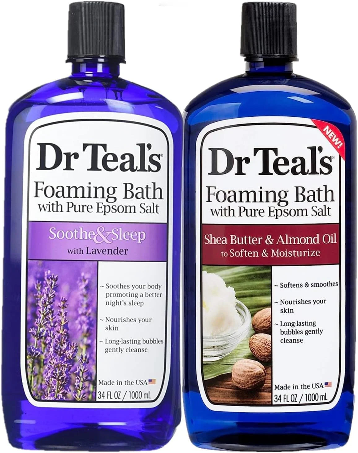 Dr. Teal's Lavender & Shea Butter Foaming Bath Gift Set (2 Pack, 34oz Ea) - Soothe & Sleep Lavender, Soften & Moisturize Shea Butter & Almond Oil - Essential Oils Blended with Pure Epsom Salt