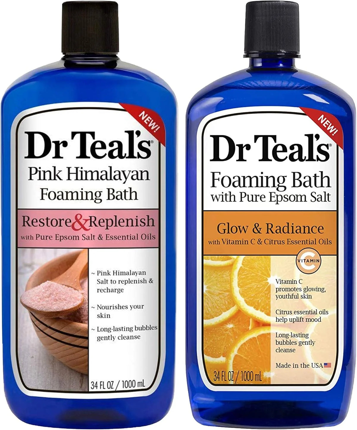 Dr. Teal's Pure Epsom Salt Foaming Bath Gift Set (2 Pack, 34 oz ea.) - Restore & Replenish Pink Himalayan and Glow & Radiance with Vitamin C & Citrus Essential Oils - Long Lasting Bubbles Nourish Skin