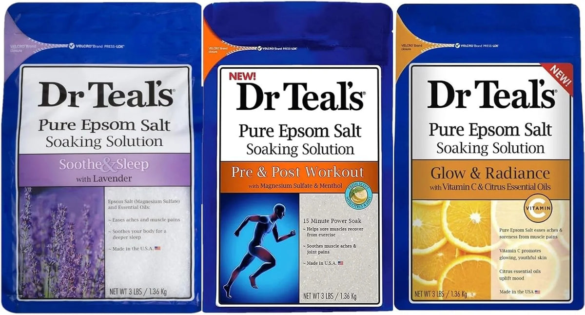 Dr Teal's Epsom Salt Bath Variety Gift Set (3 Pack, 3lbs Ea.) - Pre & Post Workout, Lavender, & Vitamin C & Citrus - Essential Oils Blended with Pure Epsom Salt Relieves Aches & Alleviate Daily Stress