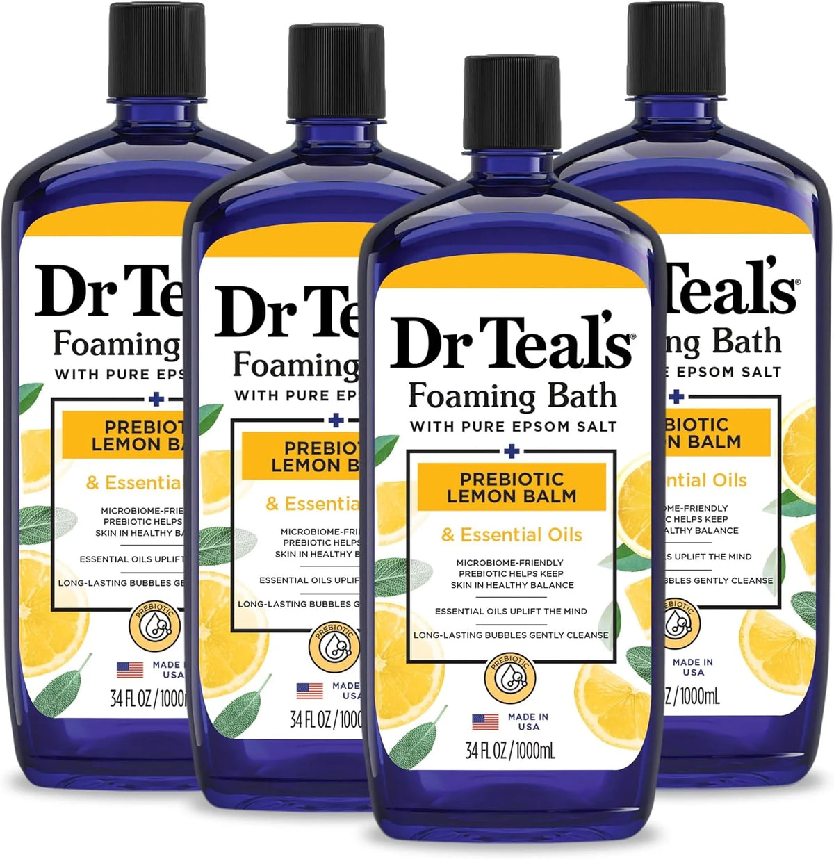 Dr Teal's Foaming Bath with Pure Epsom Salt, Prebiotic Lemon Balm & Essential Oils, 34 fl oz (Pack of 4)