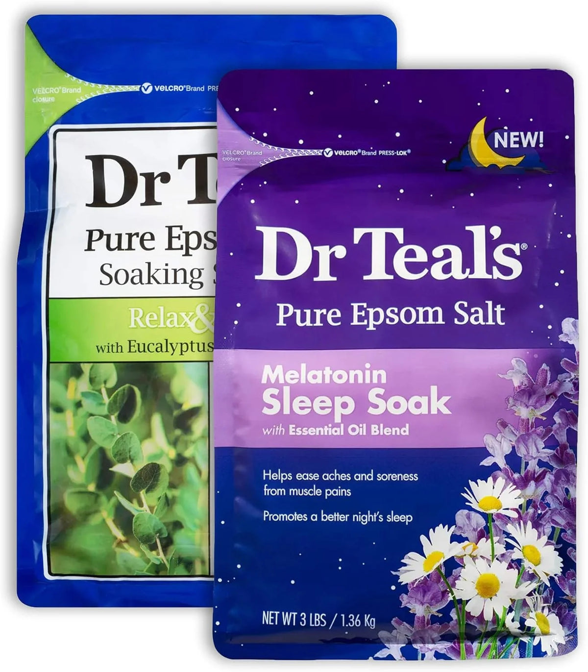 Dr Teal's Salt Bath Variety Gift Set (2 Pack, 3lbs Ea.) - Relax & Relief Eucalyptus & Spearmint, Melatonin Sleep Soak - Essential Oils Blended with Pure Epsom Salt & Melatonin - Promotes Better Sleep