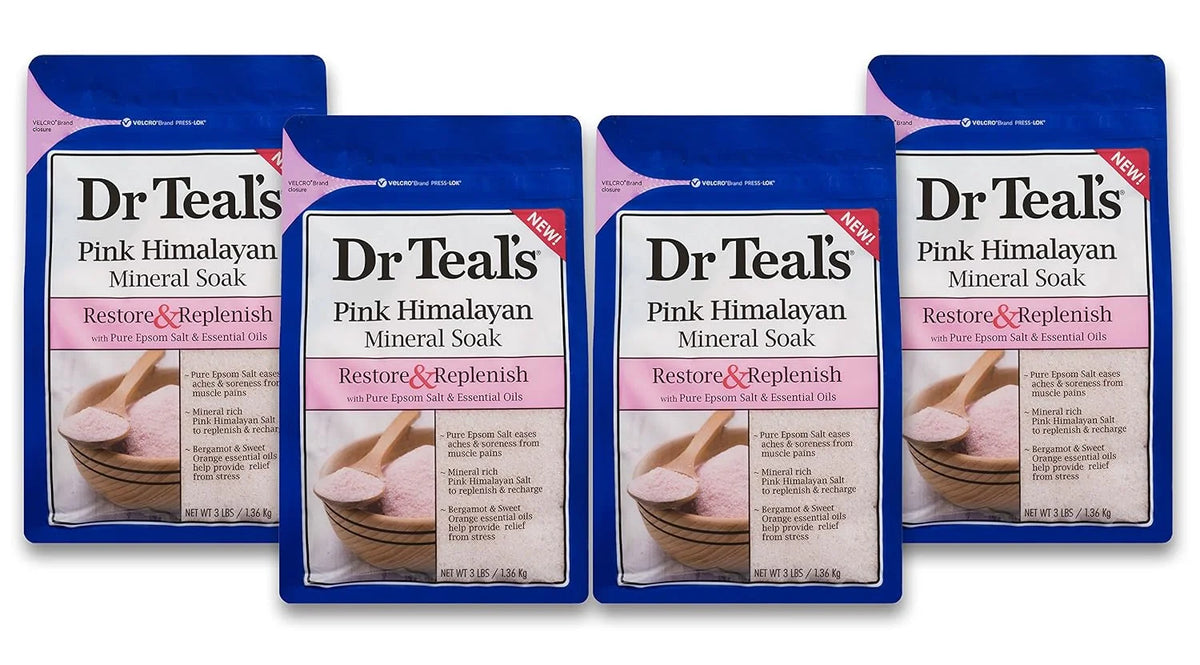 Dr Teal's Epsom Salt Soaking Solution, Restore & Replenish, Pink Himalayan Mineral Soak, 4 Count - 3lb Bags, 12lbs Total