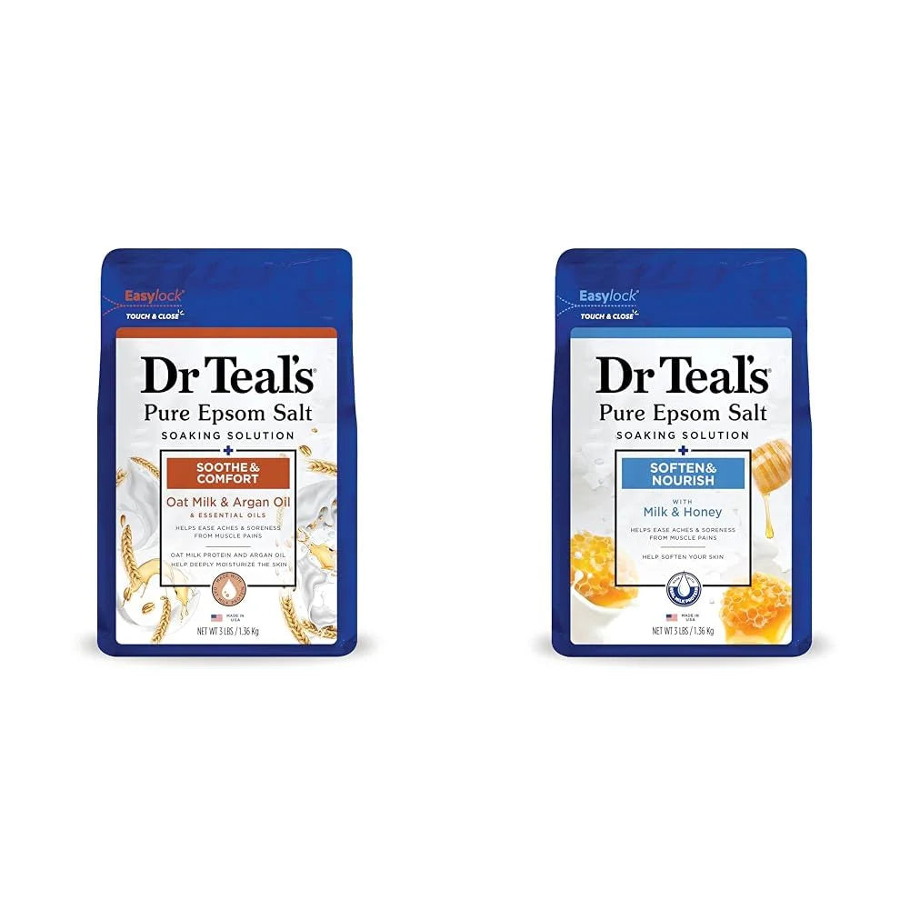 Dr Teal's Pure Epsom Salt Soak, Soothe & Comfort with Oat Milk & Argan Oil, 3 lbs & Epsom Salt Soaking Solution, Soften & Nourish with Milk and Honey, 48 Oz (Packaging May Vary)