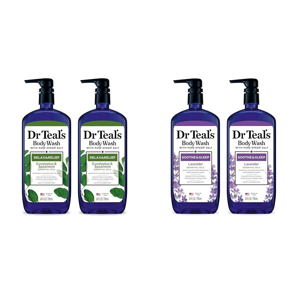 Dr Teal's Body Wash Bundle with Pure Epsom Salt, Relax & Relief with Eucalyptus & Spearmint 24 fl oz (Pack of 2) and Soothe & Sleep with Lavender 24 fl oz (Pack of 2)