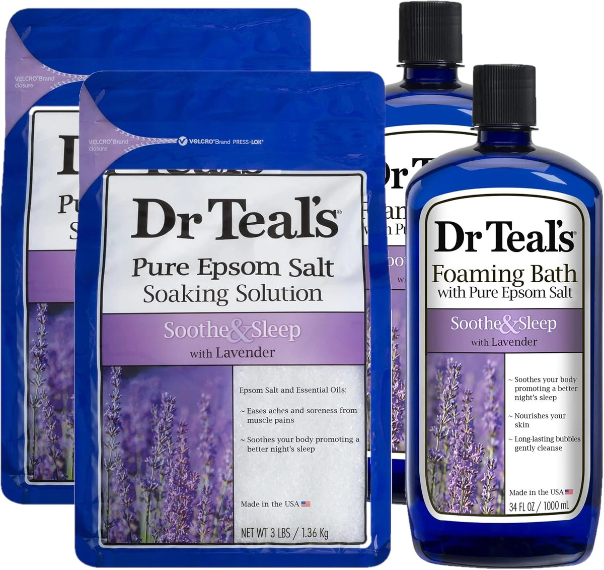 Dr Teals Lavender Foaming Bath and Salt Combo (2 Foaming Bath, 2 Salt) - Soothe & Sleep with Lavender - Two 34 oz Foaming Bath and Two 48 oz Bags of Epsom Salt