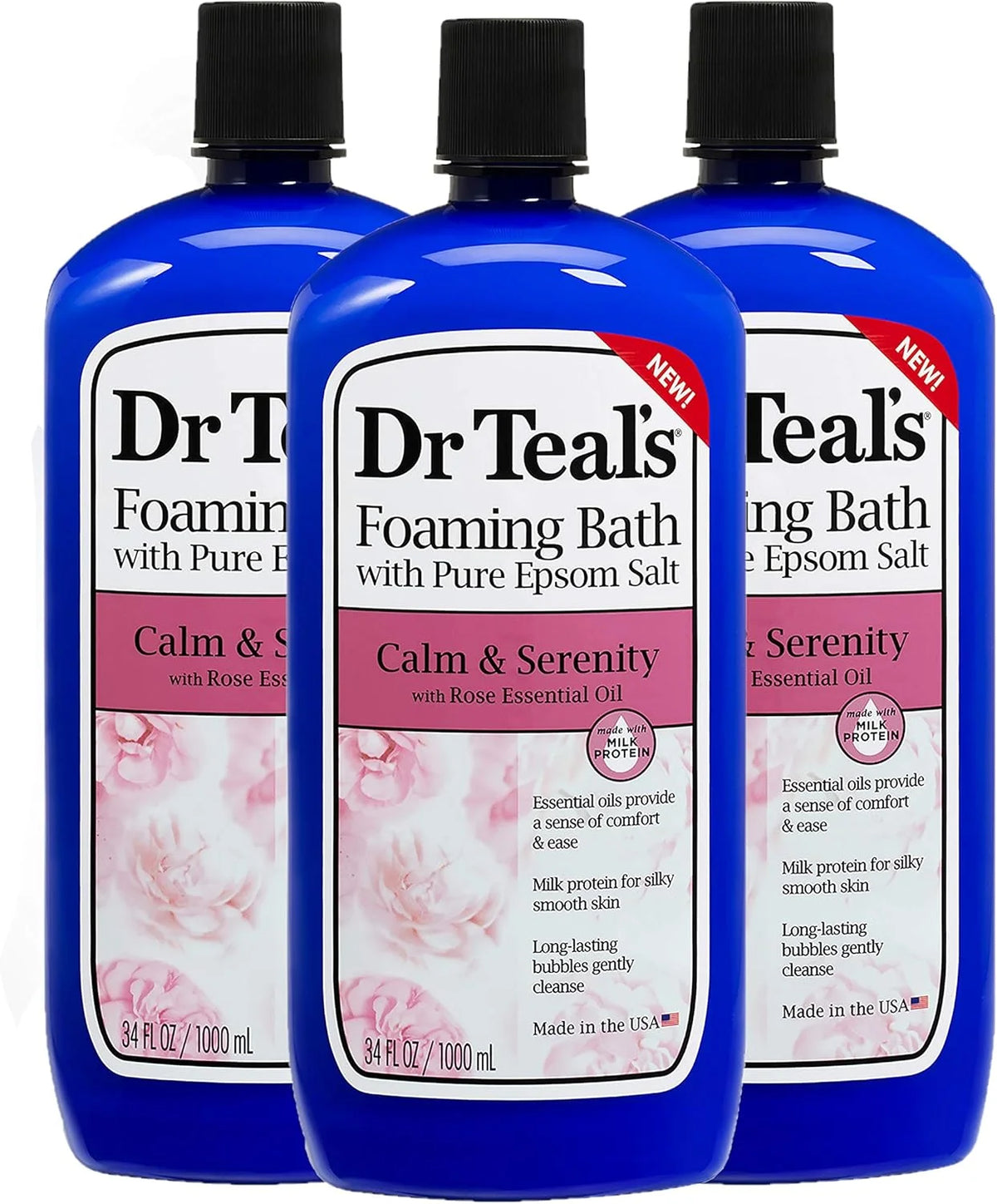 Dr. Teal's Calm & Serenity Pure Epsom Salt Foaming Bath Gift Set (3 Pack, 34 oz ea.) - Rose Essential Oils & Milk Protein Provide Stress Relief & Silky Smooth Skin - Long Lasting Bubbles Nourish Skin