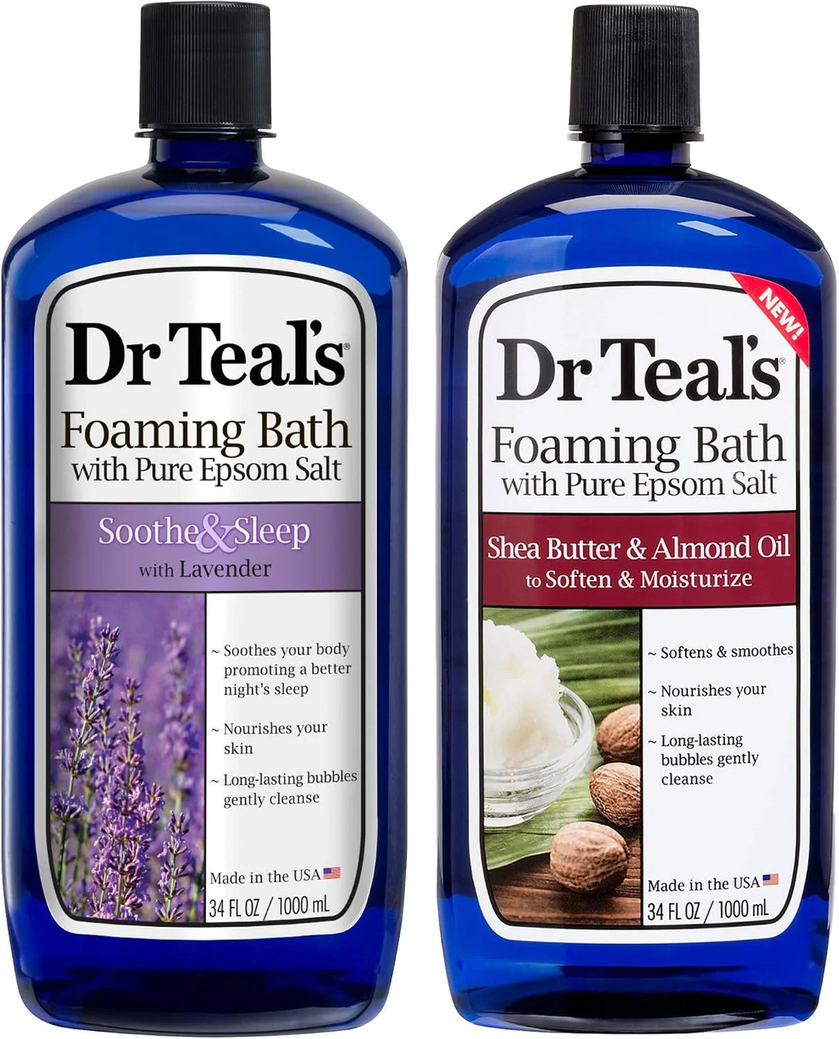 Dr. Teal's Foaming Bath Variety Gift Set (2 Pack, 34oz Ea.) - Soothe & Sleep Lavender, Moisturizing Shea Butter & Almond Oil - Essential Oils Blended with Pure Epsom Salt Ease Pain & Relieve Stress