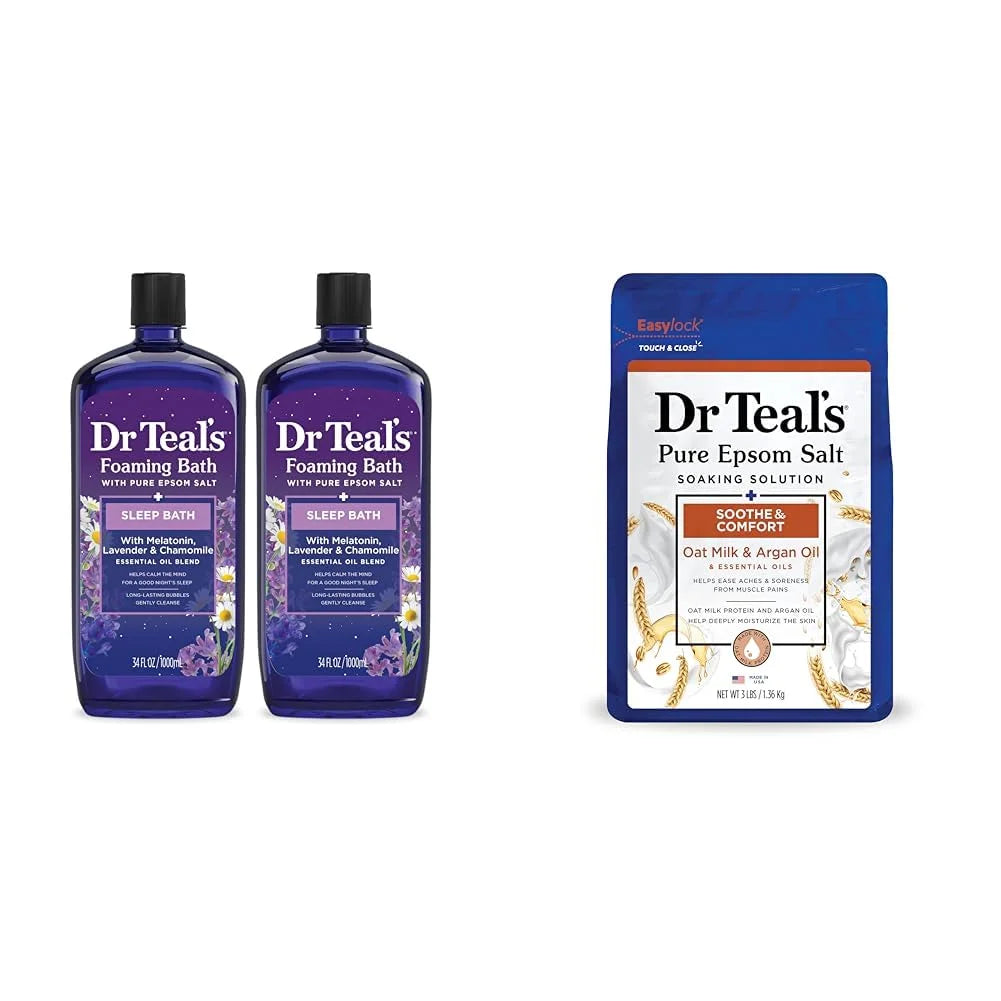 Dr Teal's Foaming Bath with Pure Epsom Salt, Sleep Blend with Melatonin, Lavender & Chamomile Essential Oils, 34 fl oz & Pure Epsom Salt Soak, Soothe & Comfort with Oat Milk & Argan Oil, 3 lbs