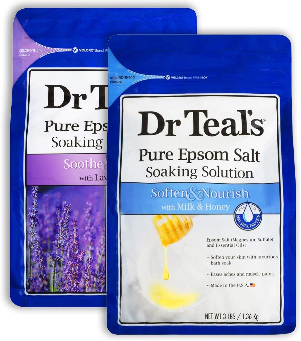 Dr. Teal's Epsom Salt Bath Variety Gift Set (2 Pack, 3lbs Ea.) - Soothe & Sleep with Lavender, Soften & Nourish with Milk & Honey - Essential Oils Moisturize Skin & Ease Aches & Pains