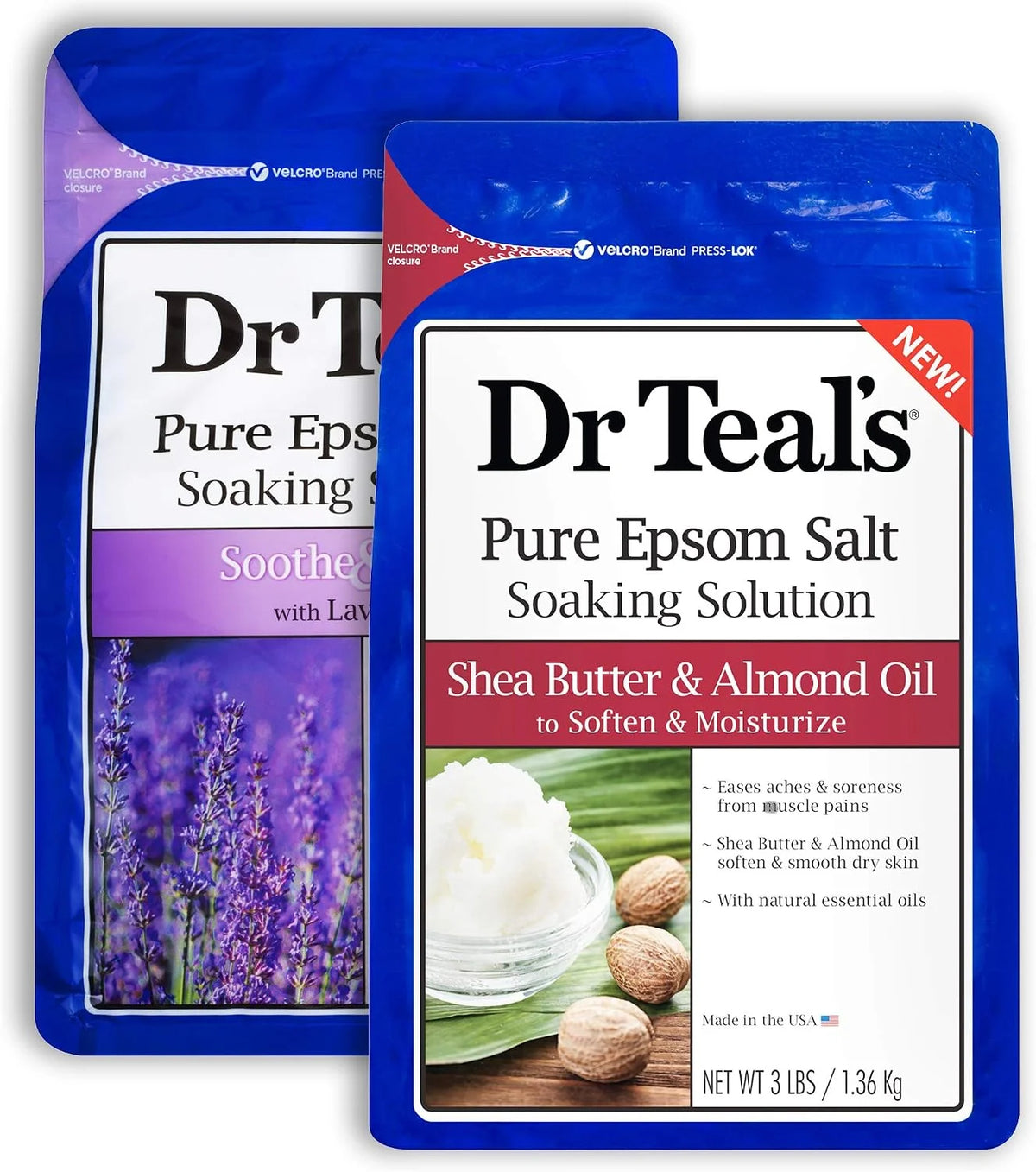 Dr Teal's Epsom Salt Bath Variety Gift Set (2 Pack, 3lb Ea) - Soothe & Sleep Lavender, Soften & Moisturize Shea Butter & Almond Oil - Ease Aches & Pains, Nourish & Hydrate Skin - At Home Spa Kit