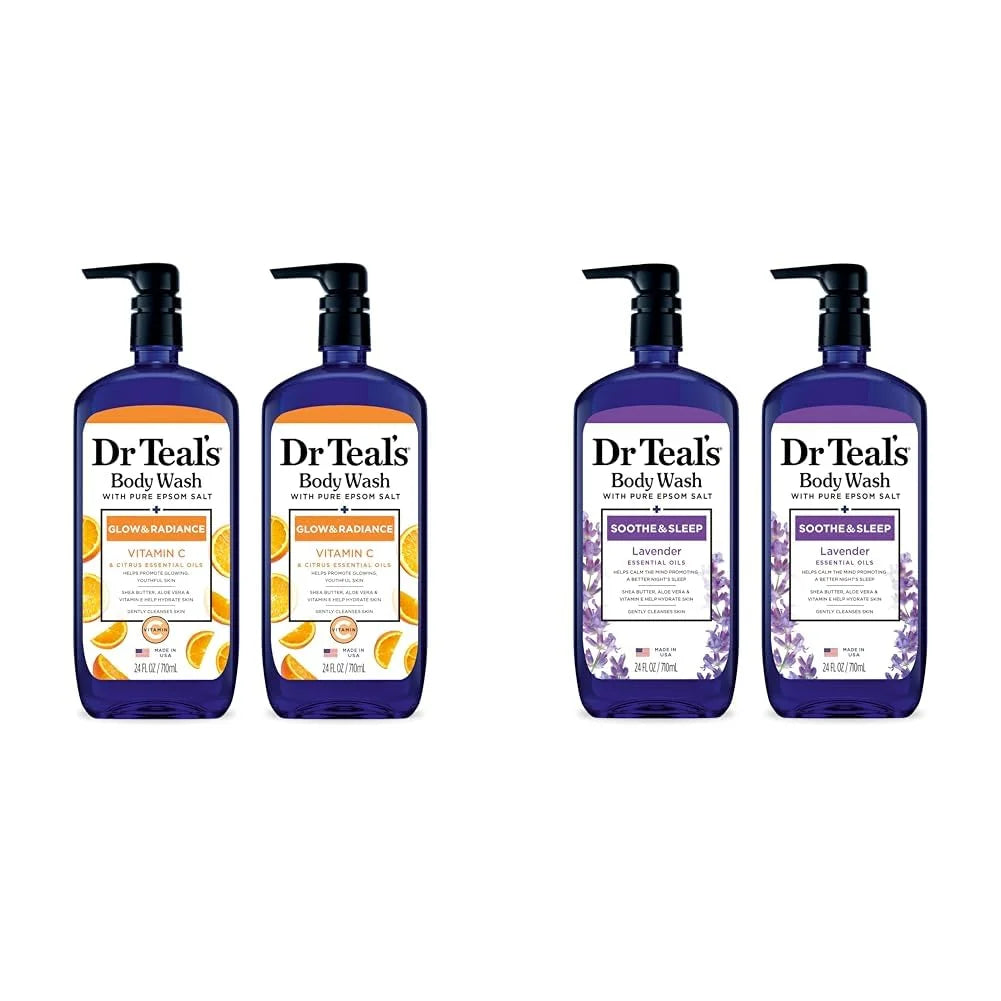 Dr Teal's Body Wash Bundle with Pure Epsom Salt, Glow & Radiance with Vitamin C & Citrus Essential Oils, 24oz (Pack of 2) and Soothe & Sleep with Lavender, 24 fl oz (Pack of 2)