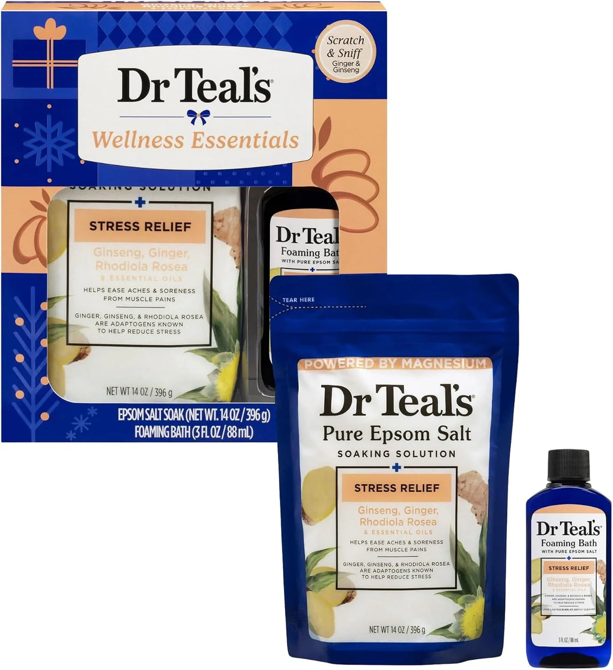 Dr Teal's Holiday Limited Edition Bath Gift Set | Epsom Salt Soak and Foaming Liquid, 14 oz Salt, 3 fl oz Bath (Citrus)