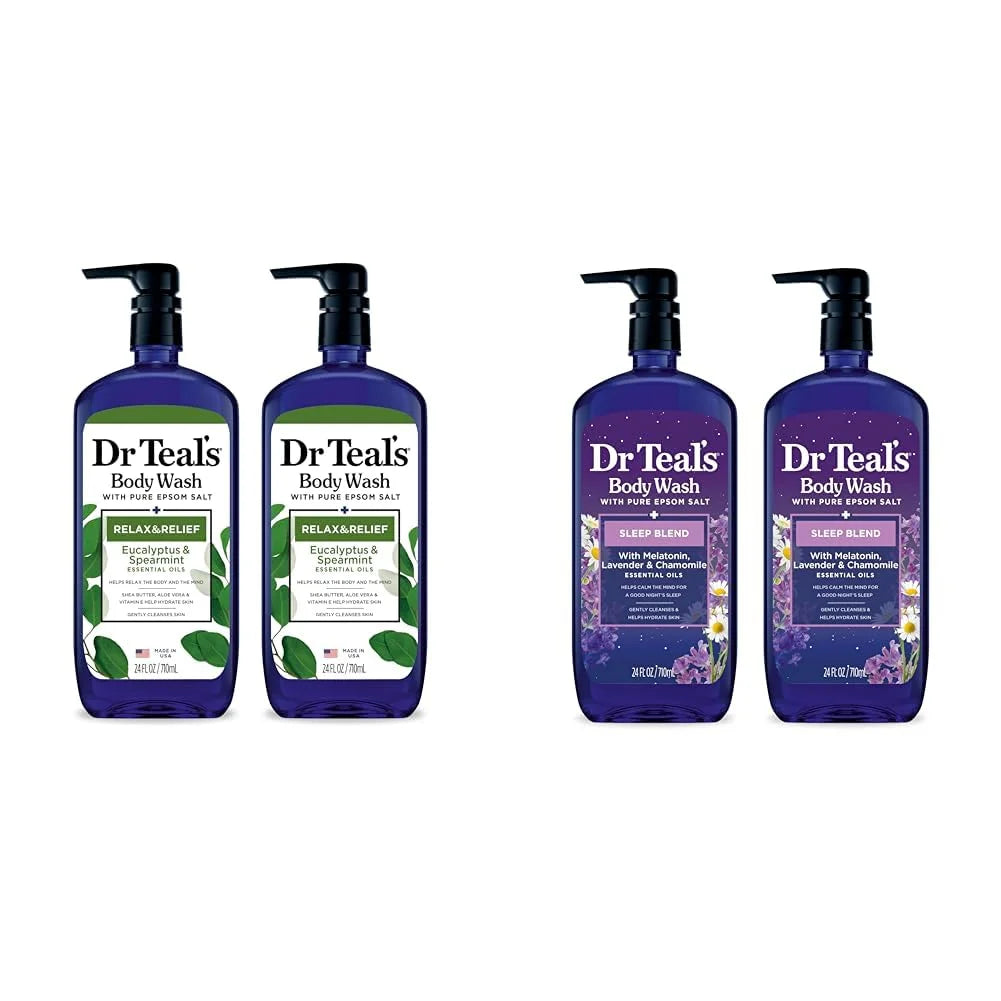 Dr Teal's Body Wash Bundle with Epsom Salt (24 fl oz, Pack of 2) - Eucalyptus & Spearmint and Melatonin & Essential Oil Blend