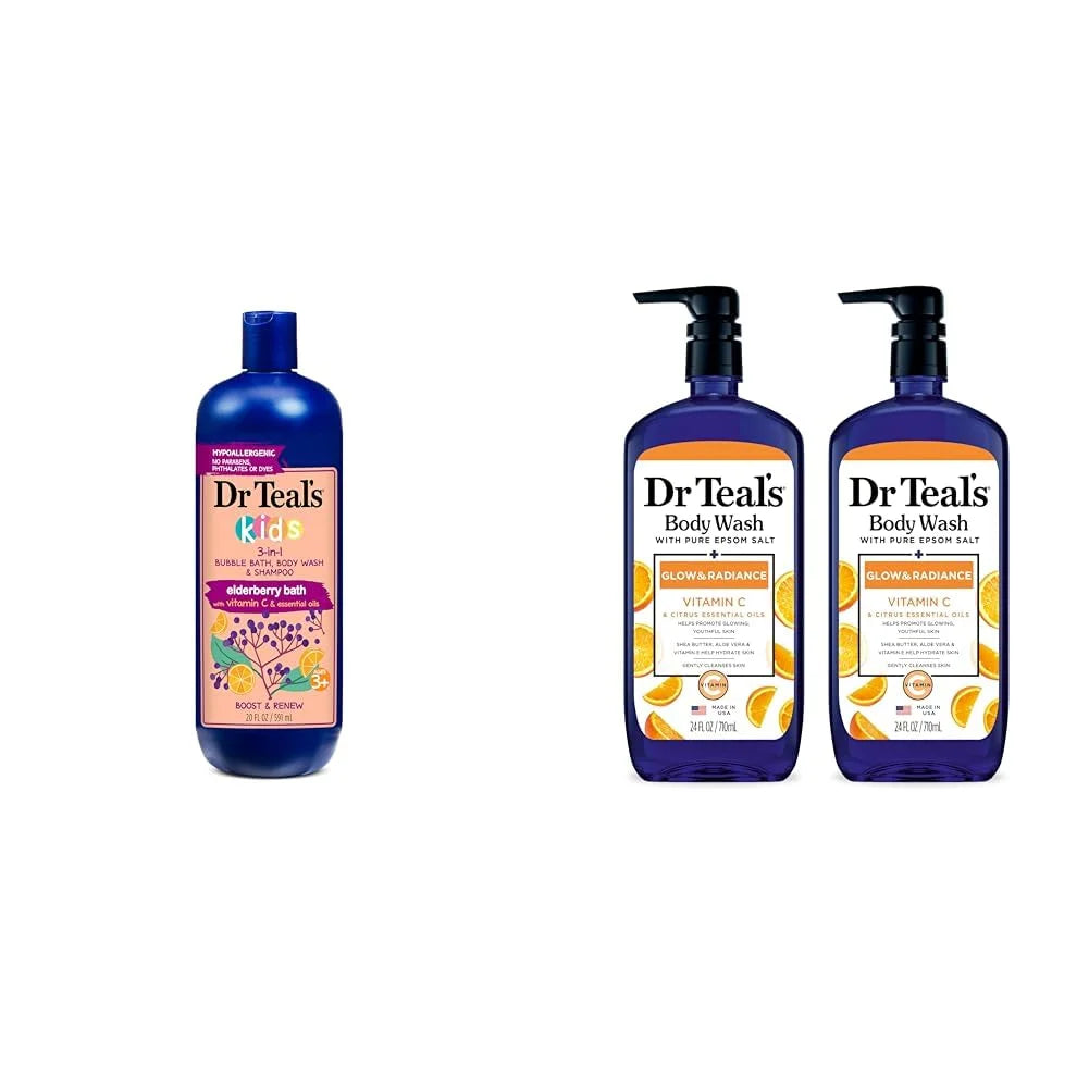 Dr Teal's Kids 3-in-1 Elderberry Bath: Bubble Bath, Body Wash & Shampoo, 20 fl oz. & Body Wash with Pure Epsom Salt, Glow & Radiance with Vitamin C & Citrus Essential Oils